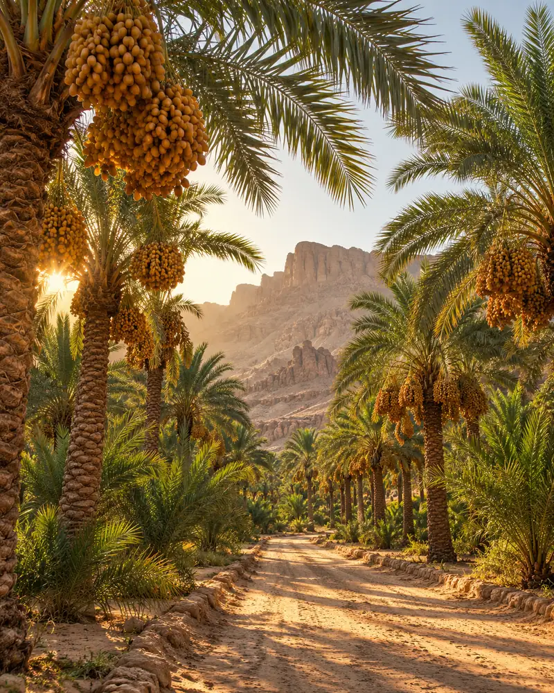 نخيل مثمر على جانبي ممر رملي — صورة توضيحية